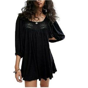 Free People Dancing in the Waves Romper S Wide Leg Flowy Loose Black Crochet